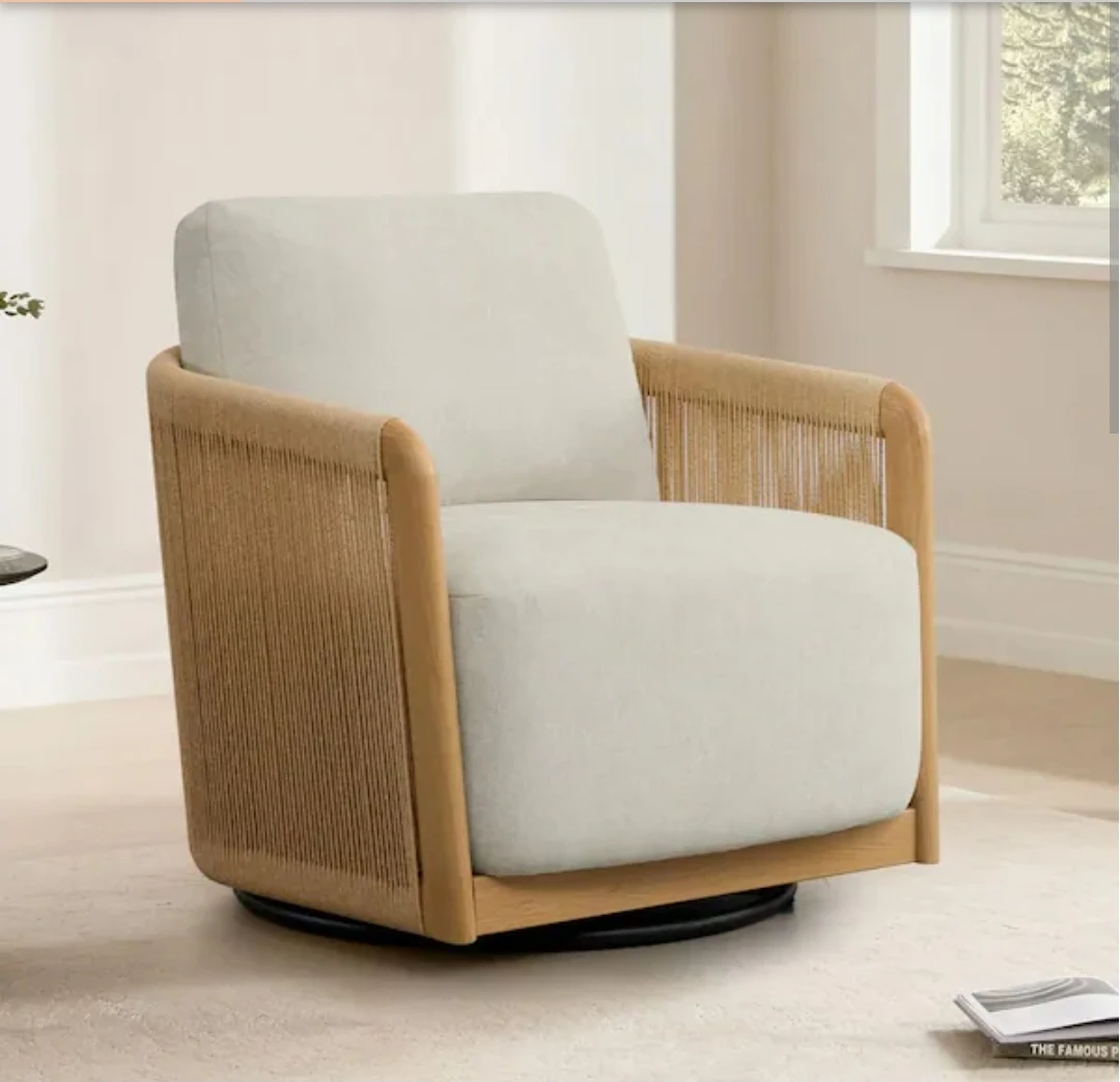 Cream Upholstered Swivel Accent Chair with Rope Detailing