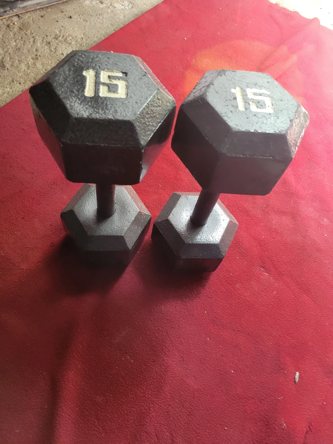 SET OF  15s. DUMBBELLS  TOTAL 30LBs