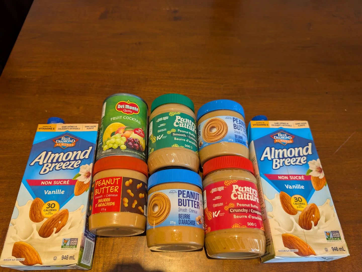 Assorted Pantry: Peanut Butter, Fruit Cocktail & Almond Milk