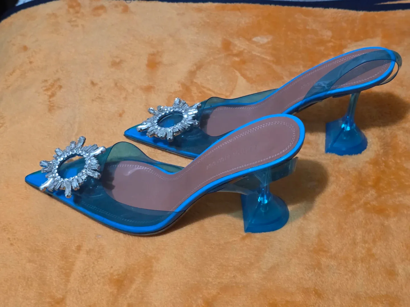 Amina Muaddi Blue Crystal Pointed Toe Heels size 37.5 - photo 4