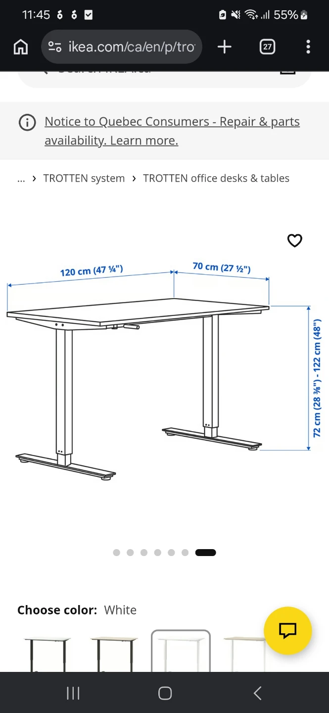 IKEA TROTTEN Standing Desk - White 120cm