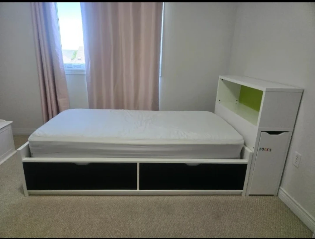 White Twin Bed with Storage Headboard and Drawers - photo 2