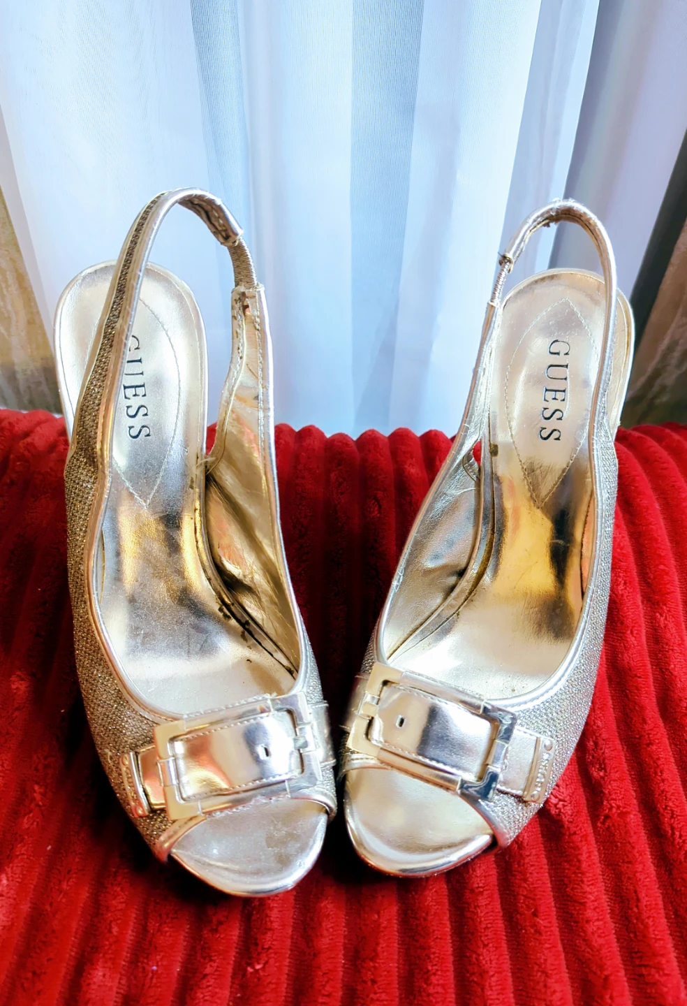 Guess Silver Glitter Slingback Heels