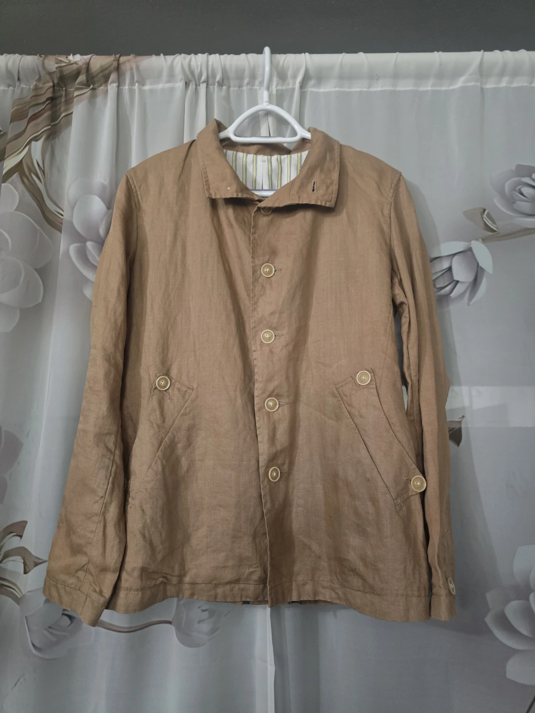 100% linen Brown Linen Button-Up Jacket