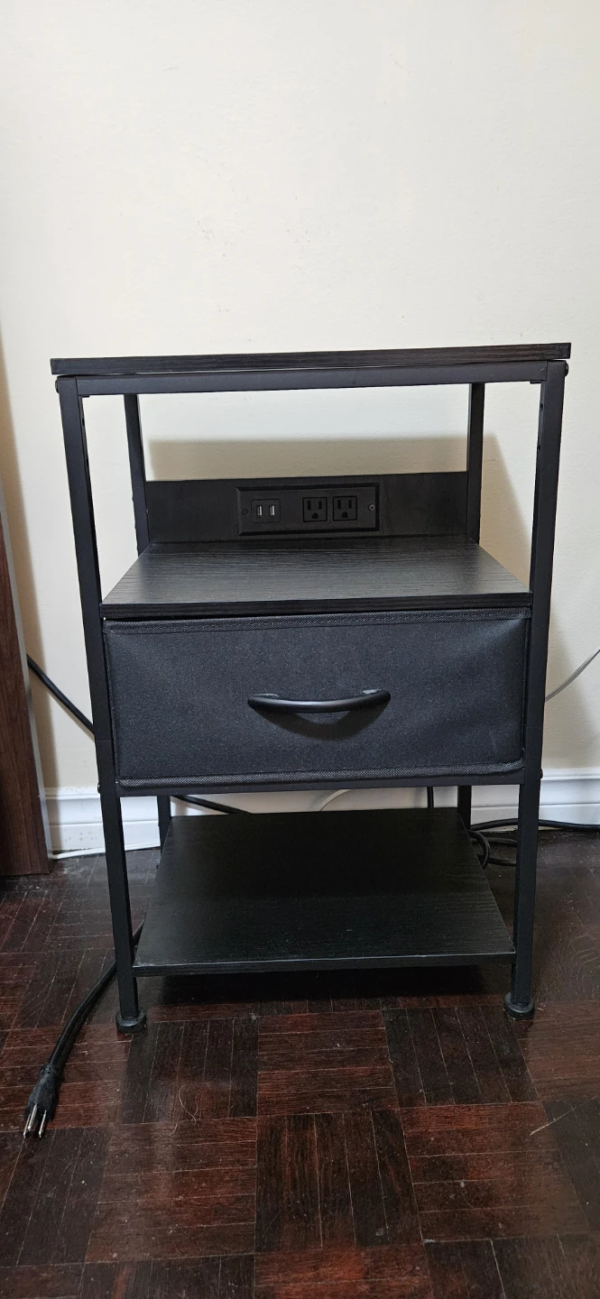 Black Nightstand with Drawer and Power Outlets