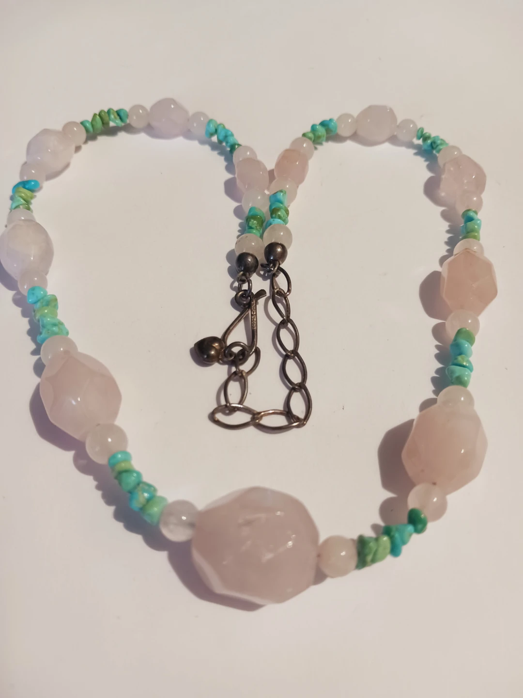 Sterling Silver Genuine Rose Quartz &Turquoise Beaded Necklace