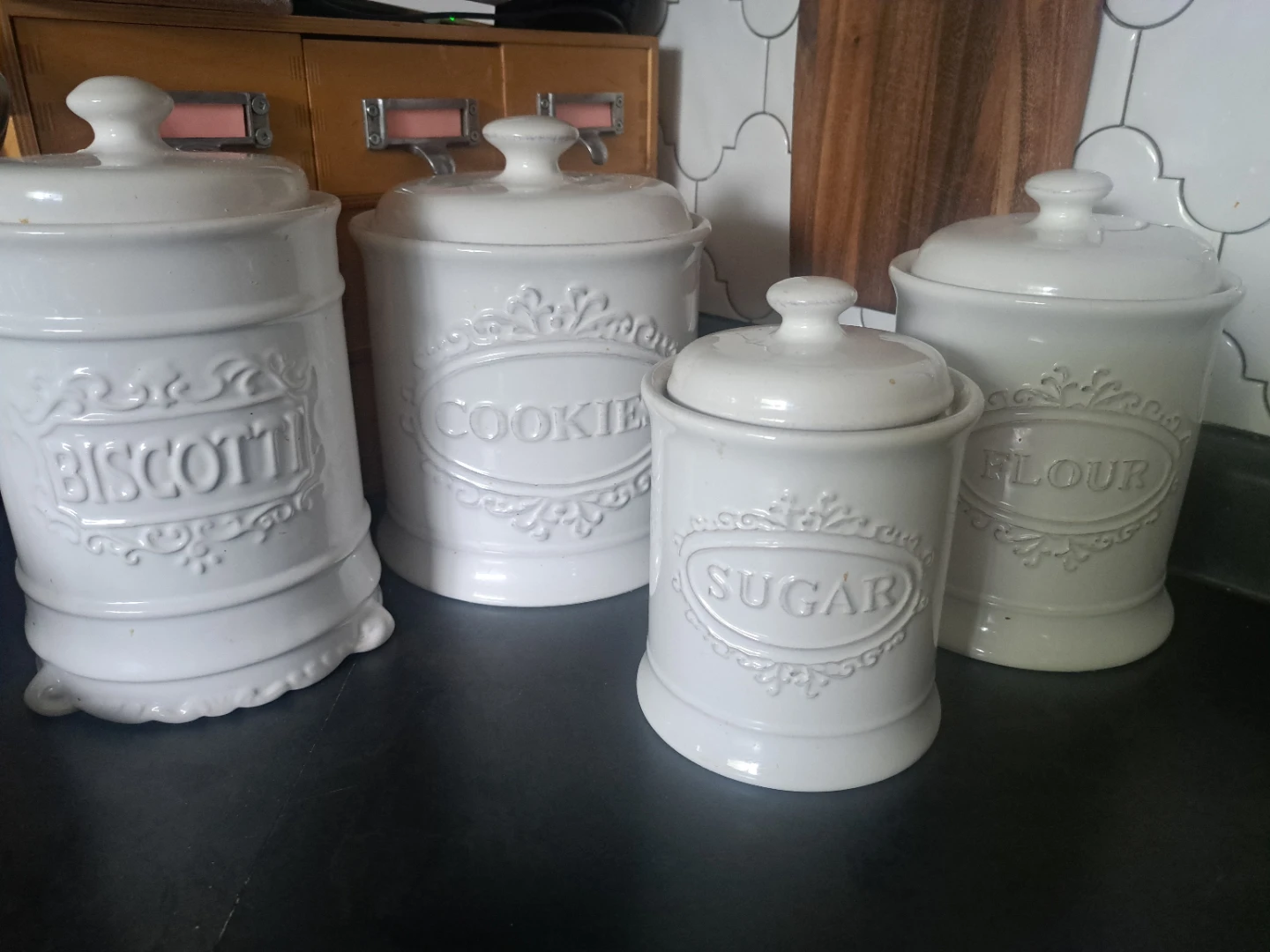Set of 4 White Ceramic Kitchen Canisters