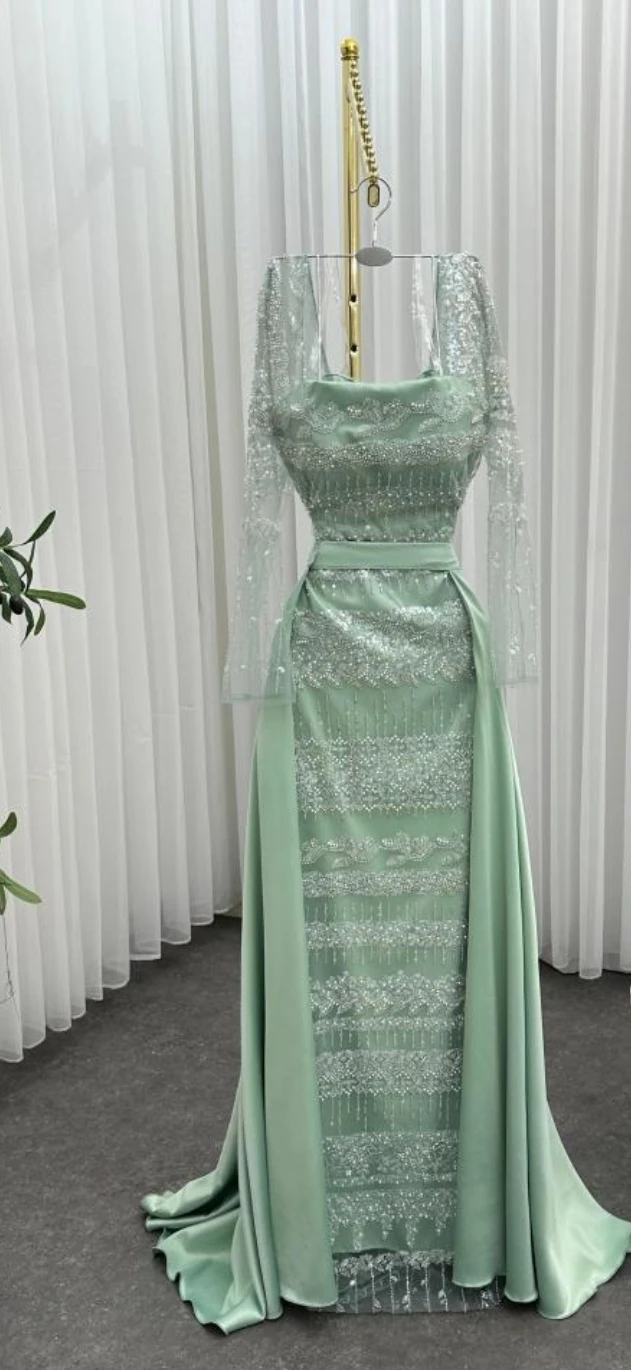Mint Green Beaded Evening Gown with Sheer Sleeves