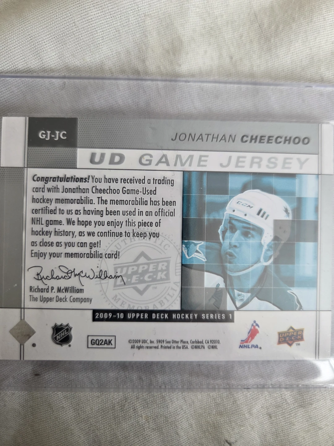 Jonathan Cheechoo UD Game Jersey Hockey Card - photo 2