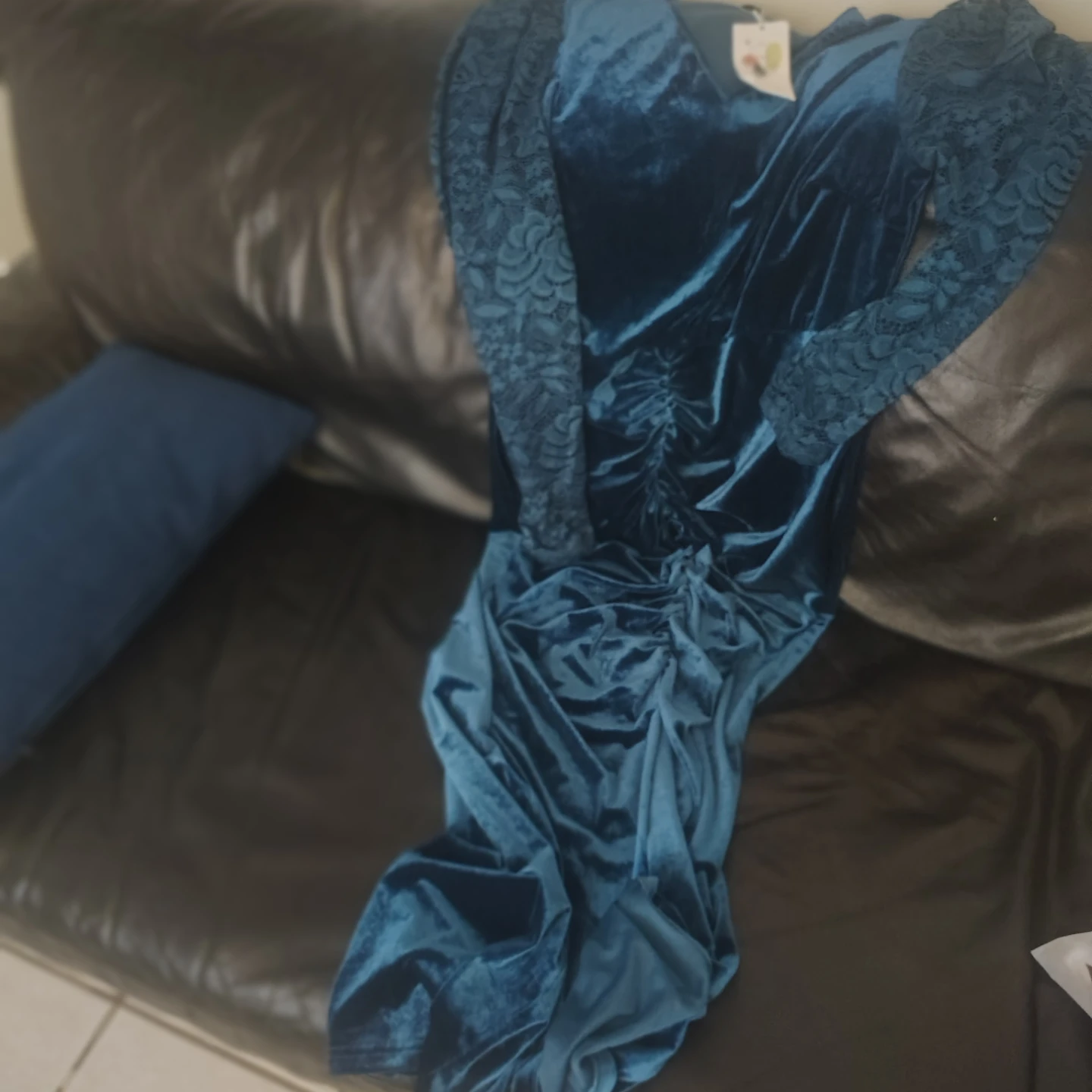 Teal Velvet Lace Sleeve Ruched Maxi Dress - photo 5