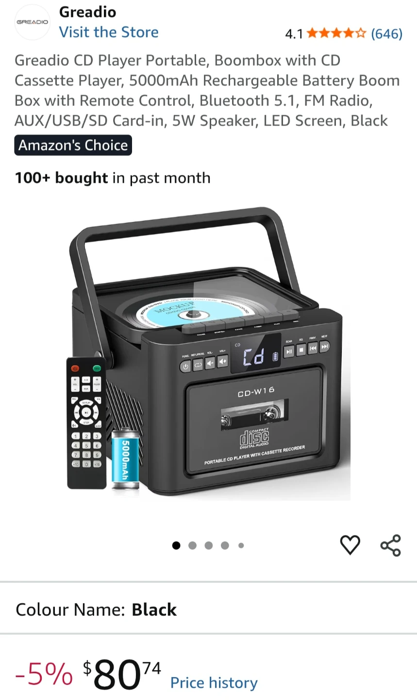 NEW - Greadio CD Player Portable Boombox with Cassette Recorder - photo 2