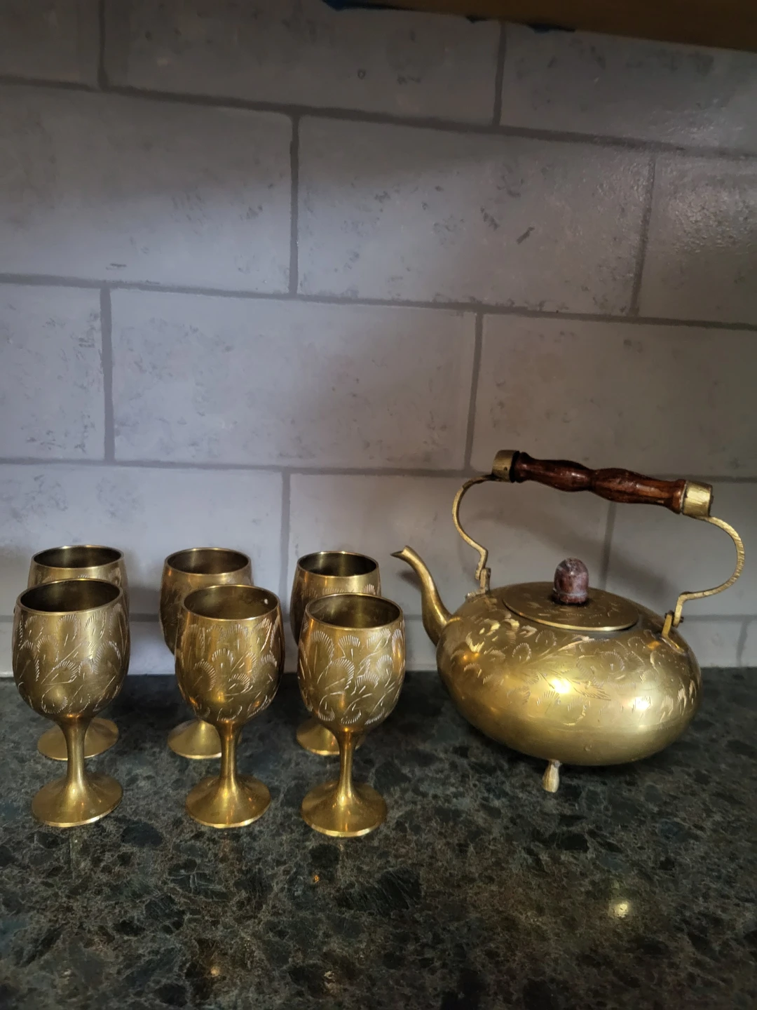 Brass Etched Teapot and 6 Goblets Set