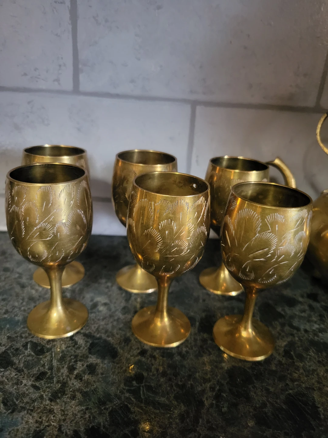 Brass Etched Teapot and 6 Goblets Set - photo 2
