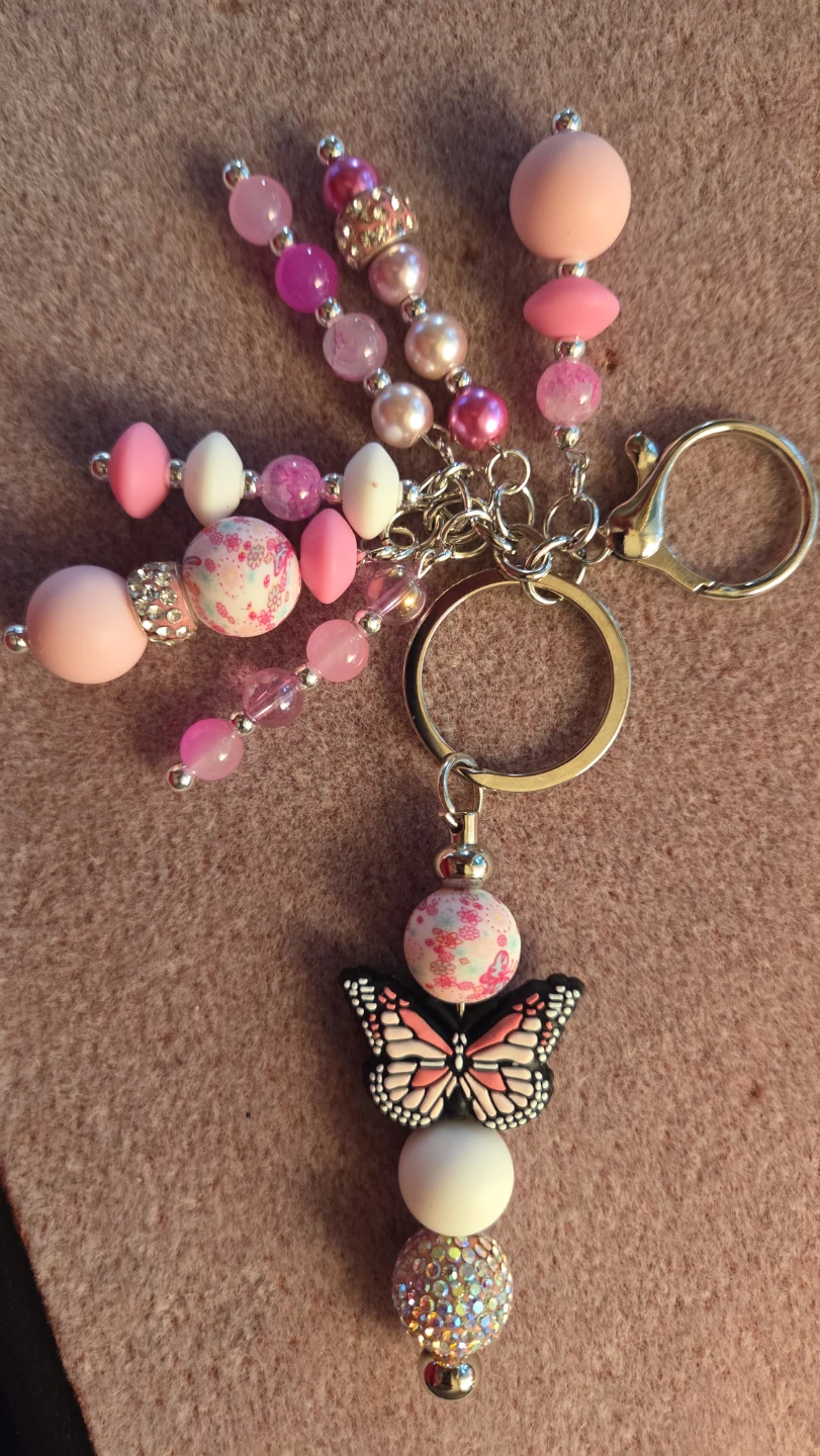 Pink Beaded Butterfly Keychain