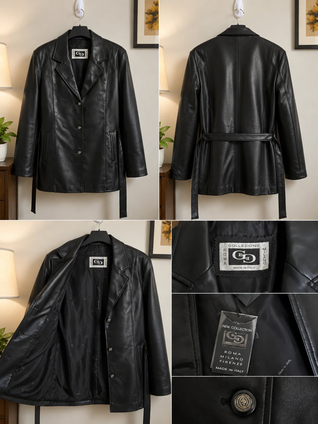 CD COLLEzione Black Leather Belted Blazer Made in Italy