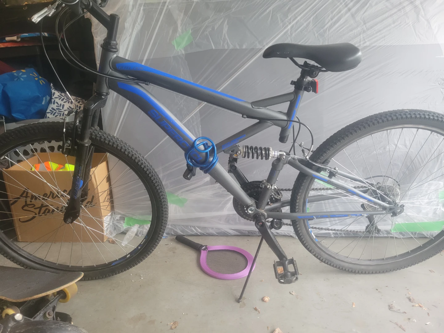 Gray and Blue Full Suspension Mountain Bike