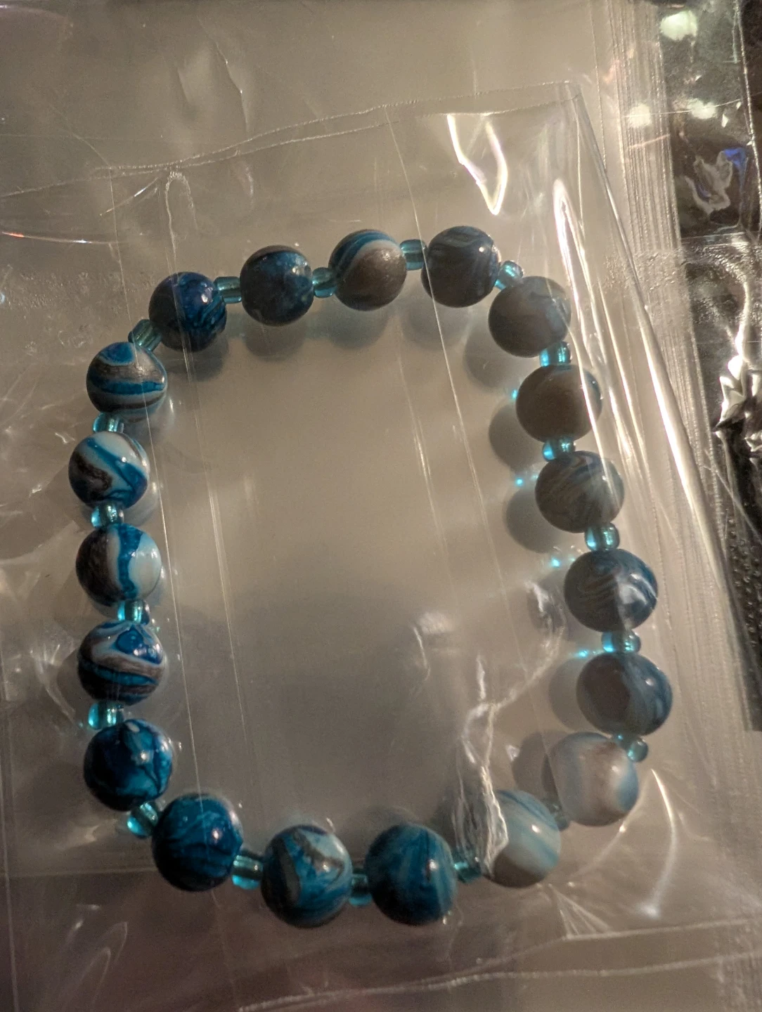 Blue and Grey Beaded Stretch Bracelet