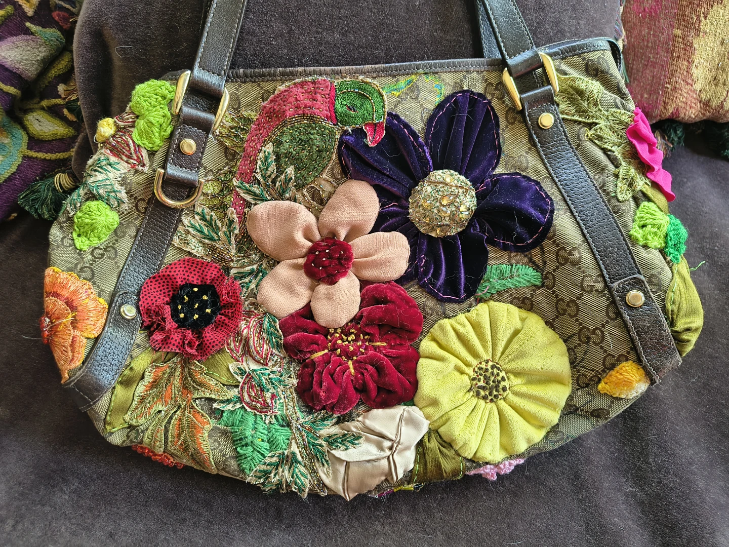 Gucci Monogram Canvas Floral Appliqué Shoulder Bag