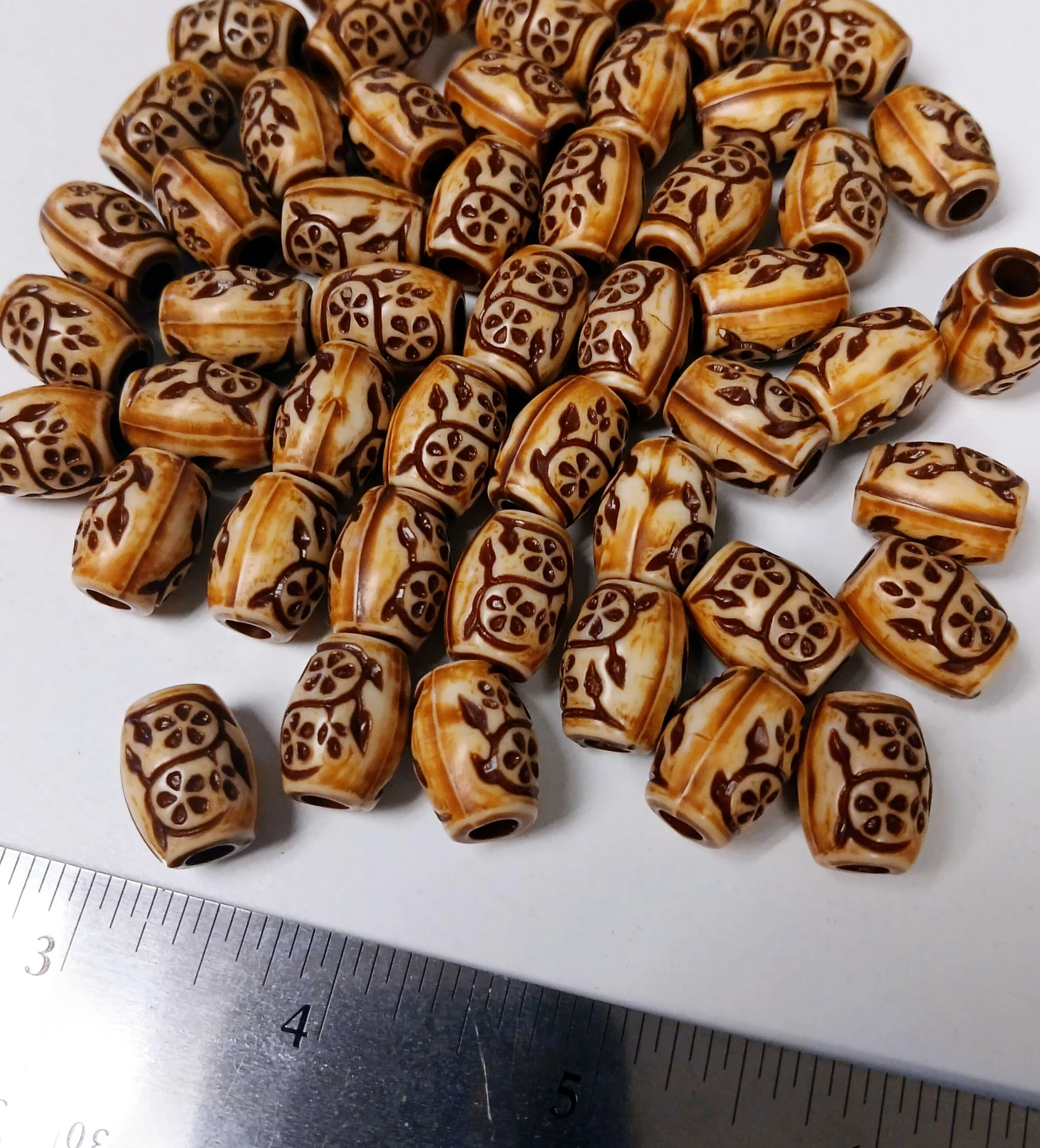 35 pc - Beige and Brown Barrel Beads with Floral Design - photo 3