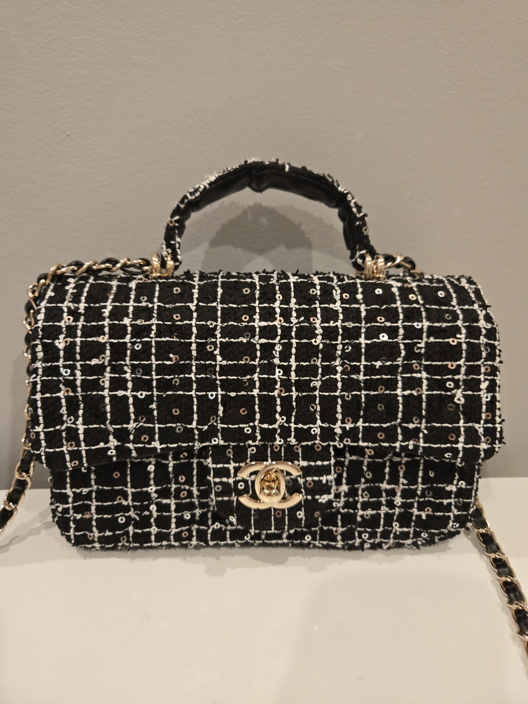 Black Tweed Top Handle Chain Crossbody Handbag 20cm
