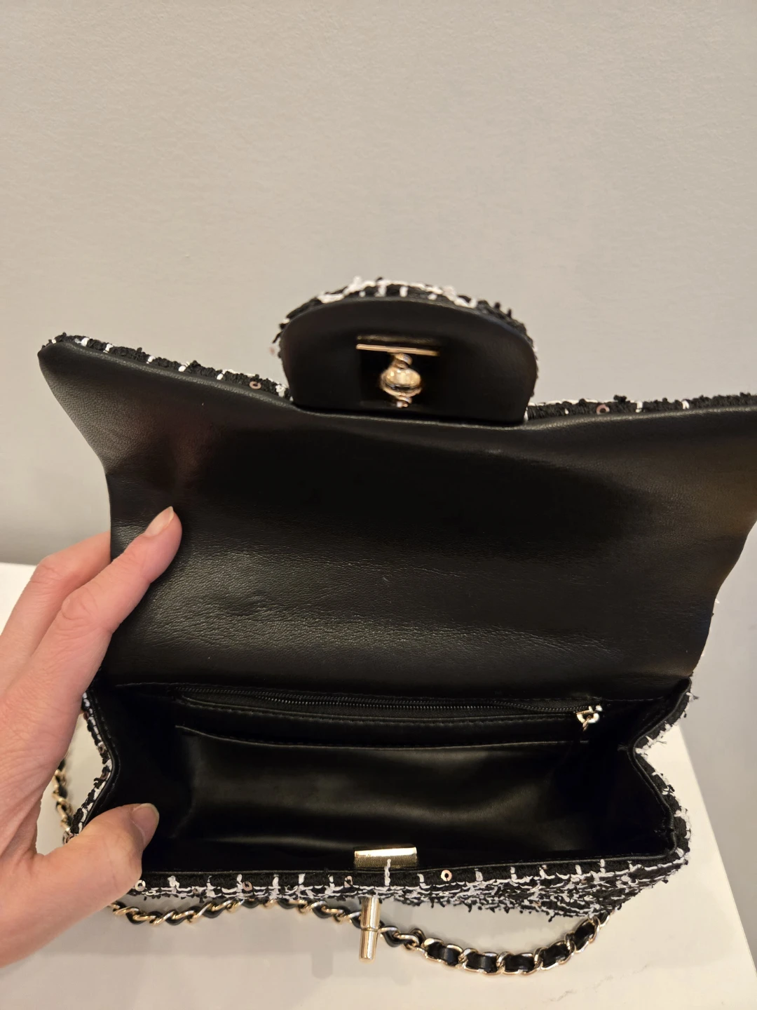 Black Tweed Top Handle Chain Crossbody Handbag 20cm - photo 2