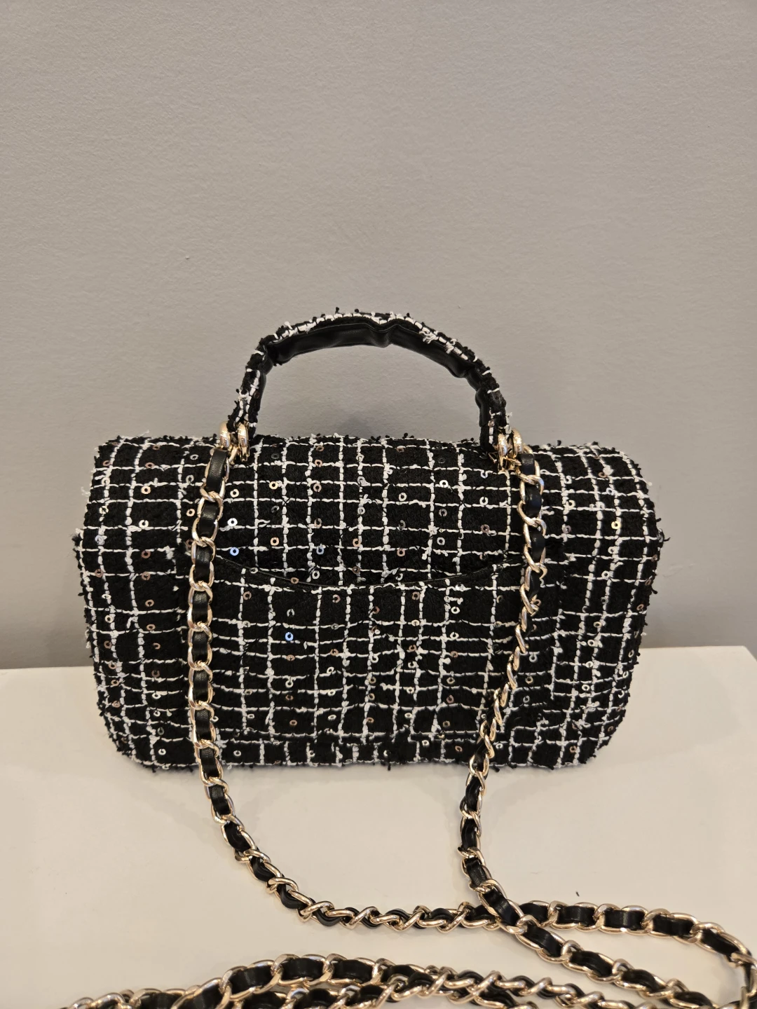 Black Tweed Top Handle Chain Crossbody Handbag 20cm - photo 3