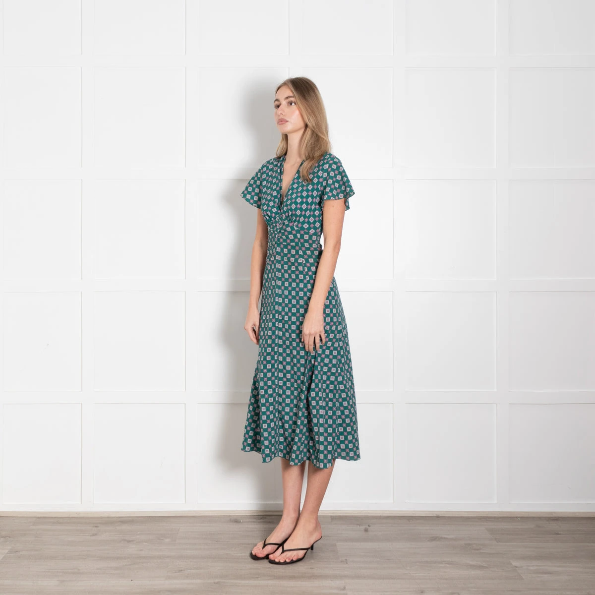 Sandro Green Burgundy Geometric Print V-Neck Midi Dress - photo 5