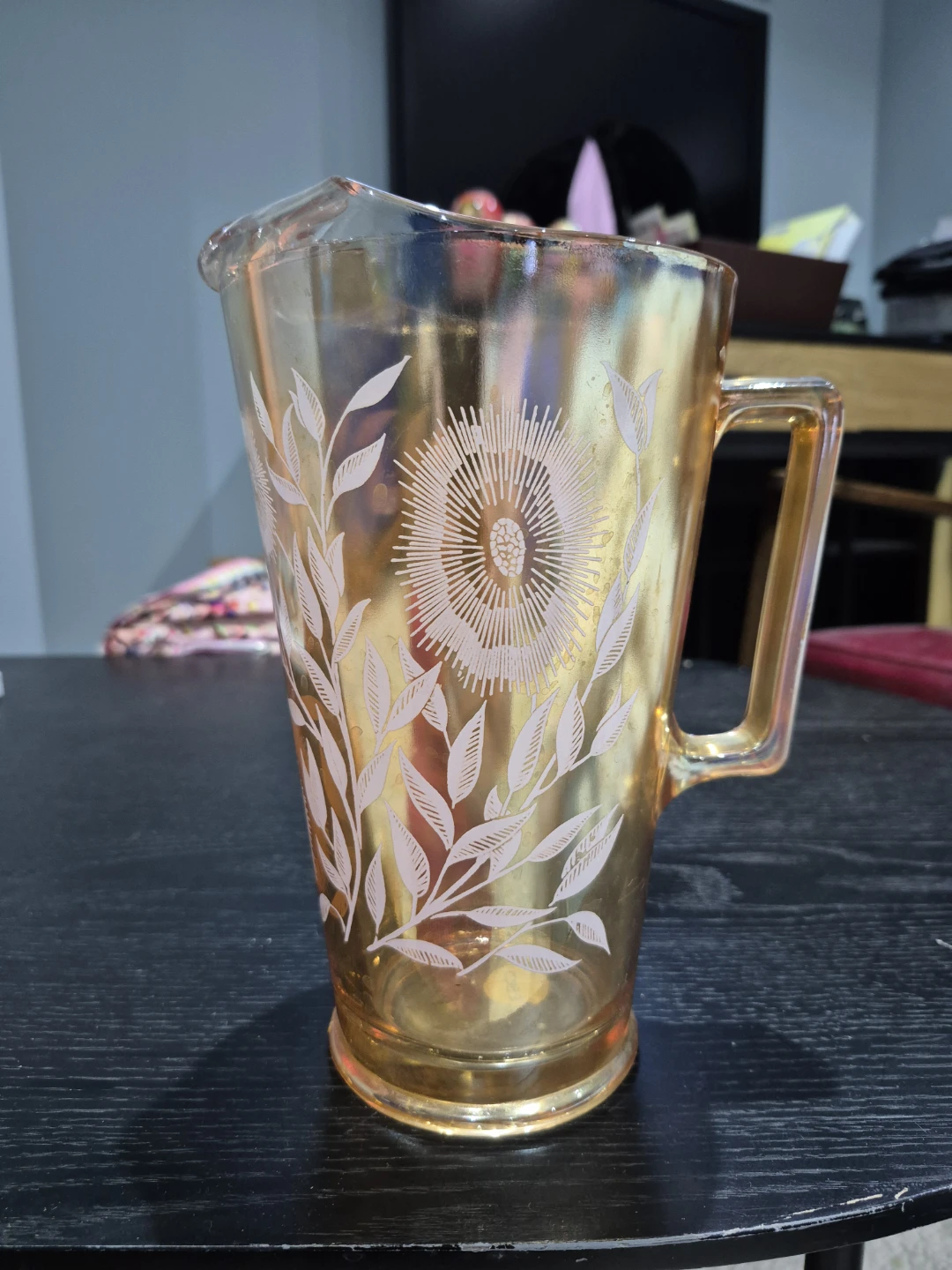 Vintage peach Tone Glass Pitcher with Floral Design