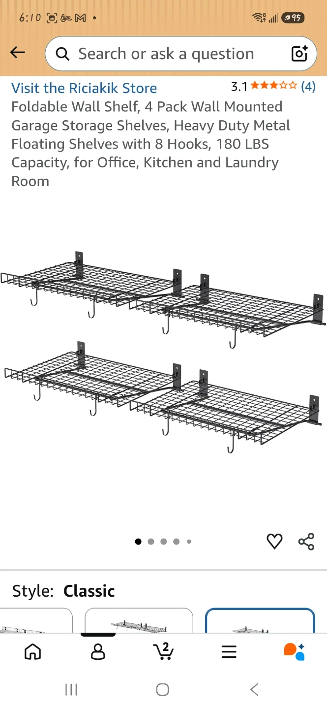 4 Pack Garage Wall Mounted Shelves with 8 Hooks