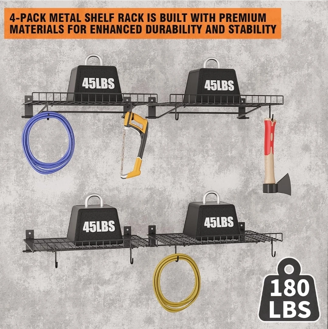4 Pack Garage Wall Mounted Shelves with 8 Hooks - photo 4