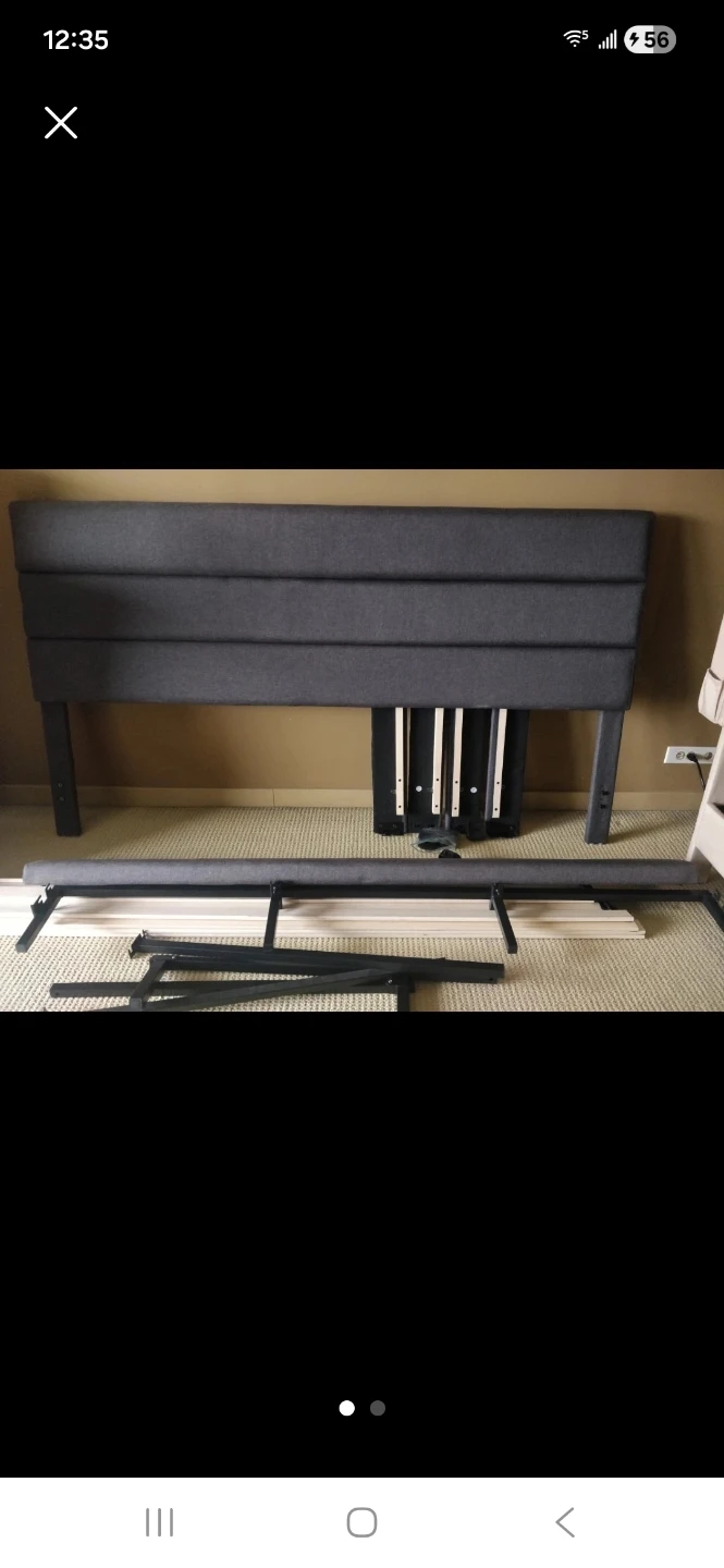 Grey Upholstered queen size headboard, frame and wood slats