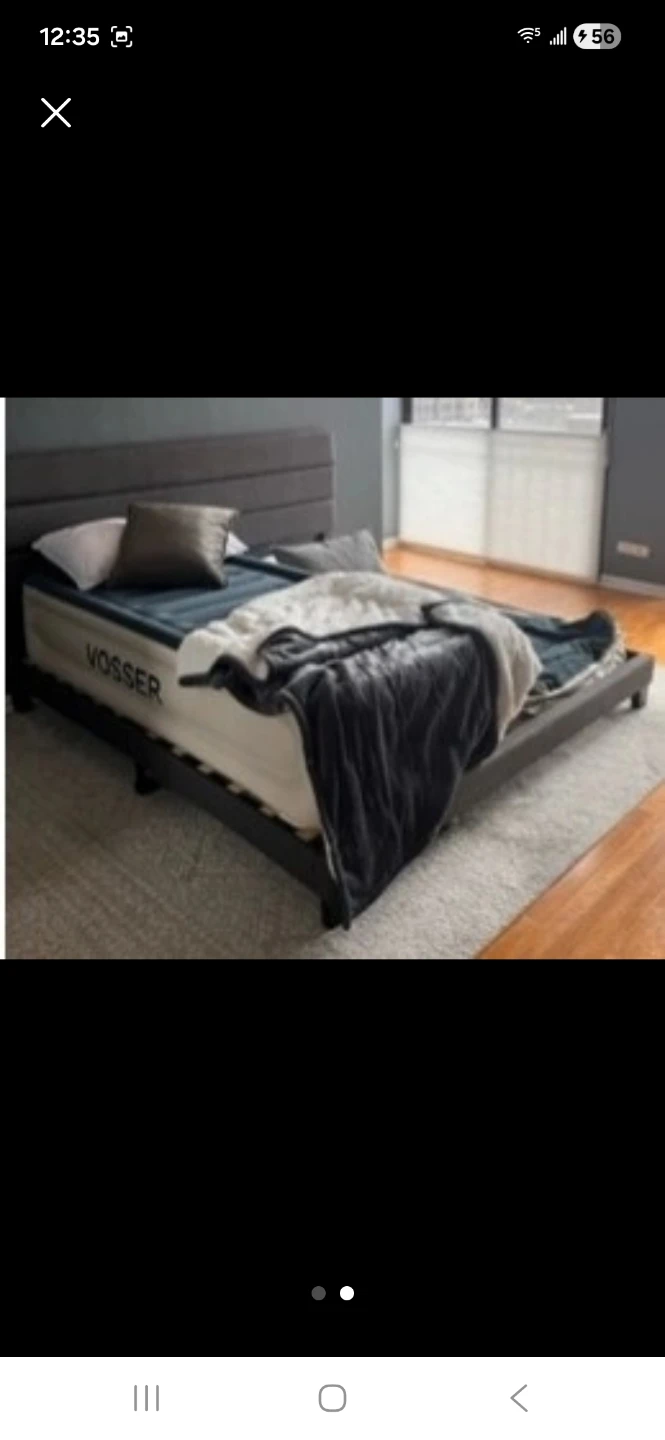 Grey Upholstered queen size headboard, frame and wood slats - photo 2