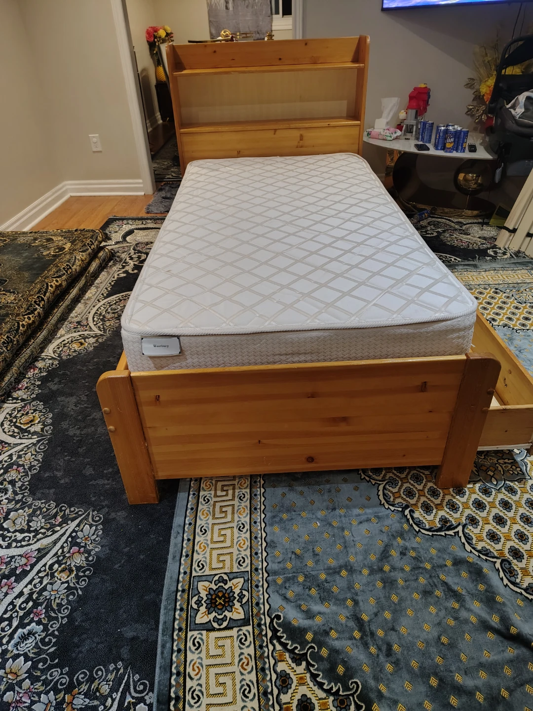 Wooden single Bed Frame with Storage Drawers and Mattress - photo 4