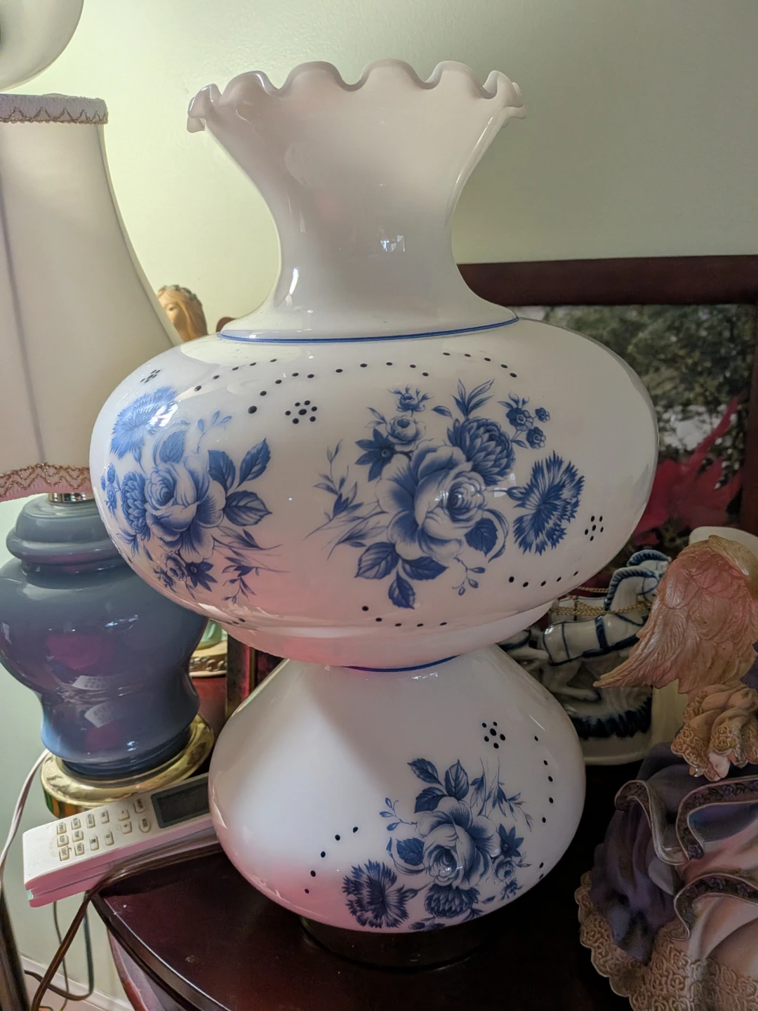 Vintage Floral Table Lamp with Blue Roses