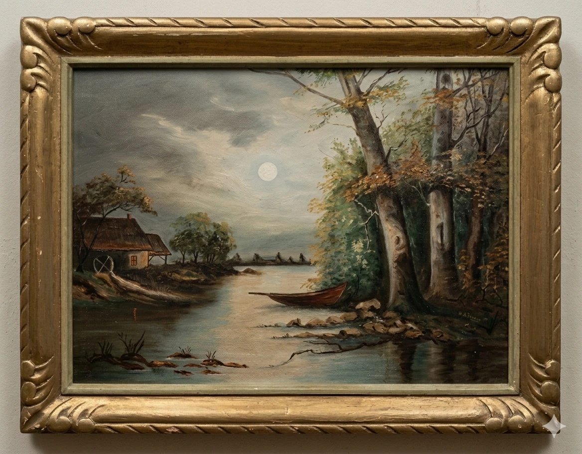 Framed Oil Painting of a Moonlit Landscape