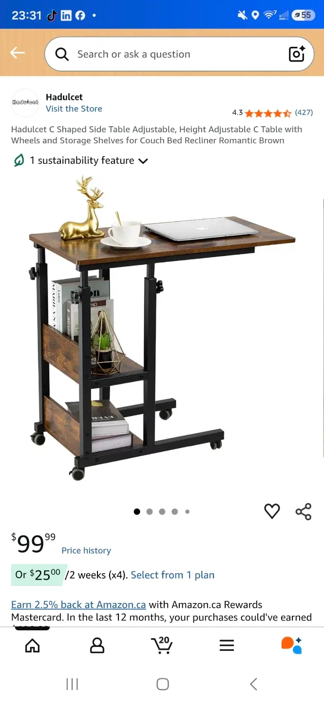 Adjustable C-Shaped Side Table with Wheels