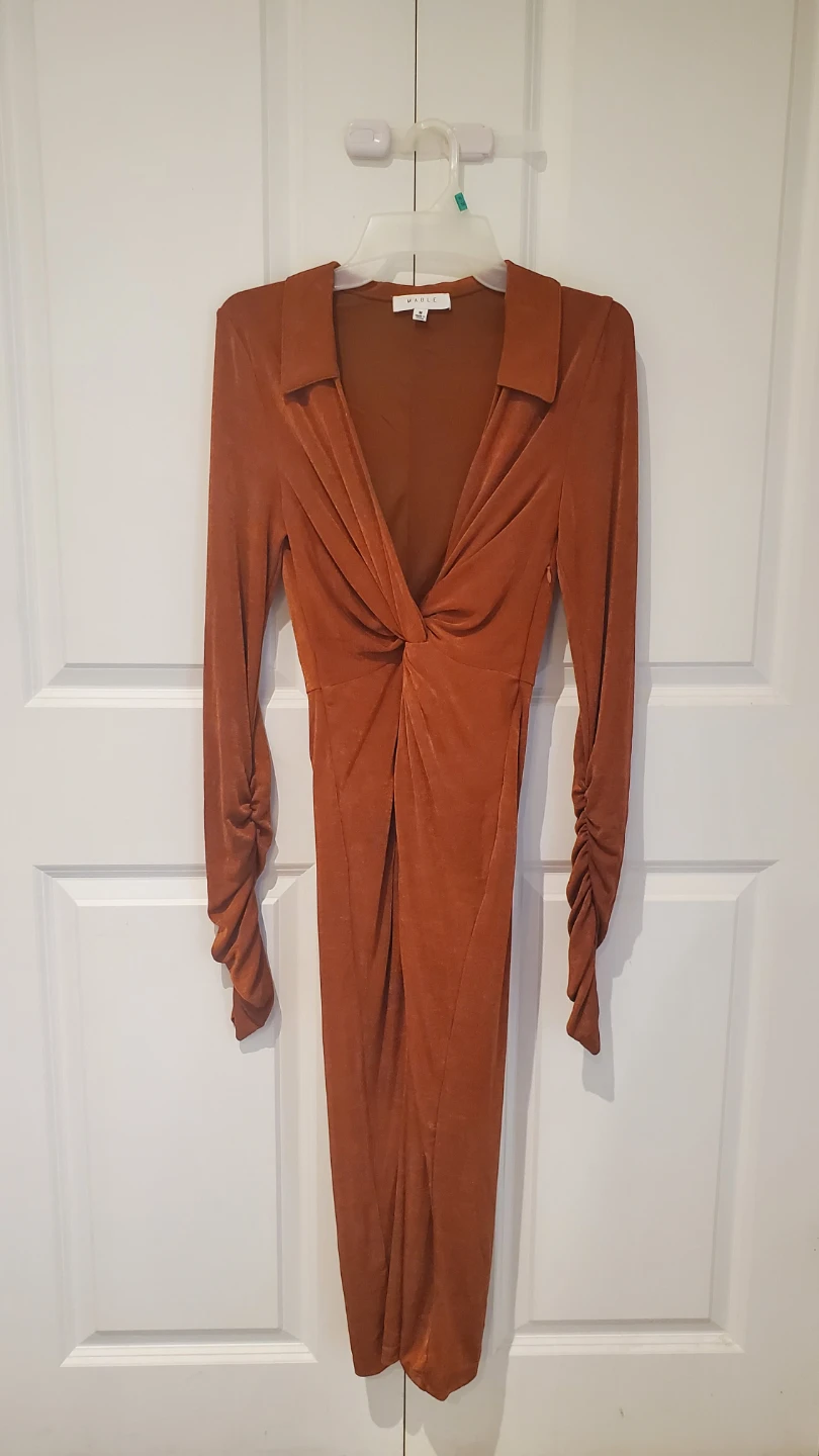 Twist Front Ruched Sleeve Bodycon Dress - Rust - Size M