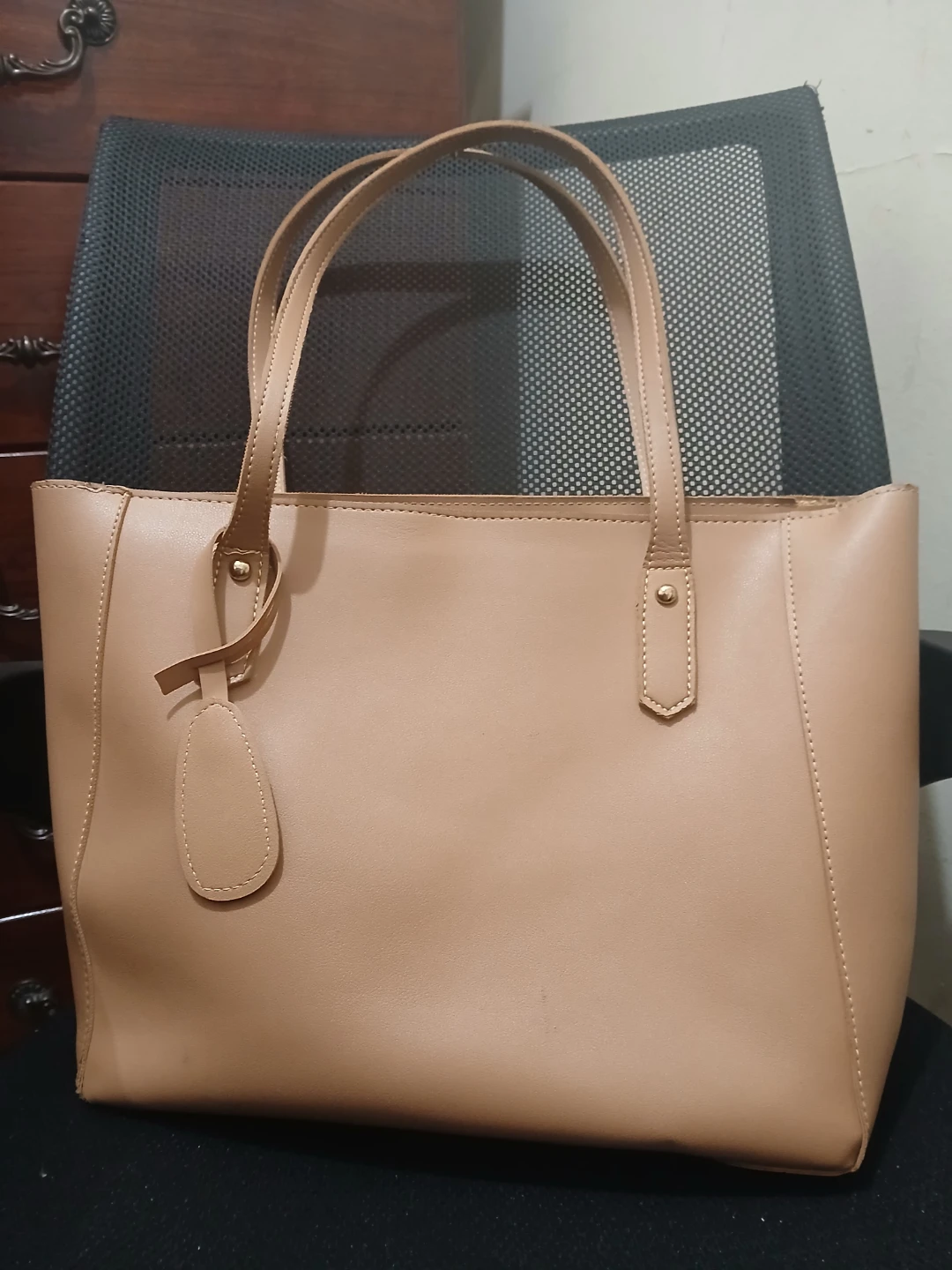 Tan Faux Leather Tote Bag
