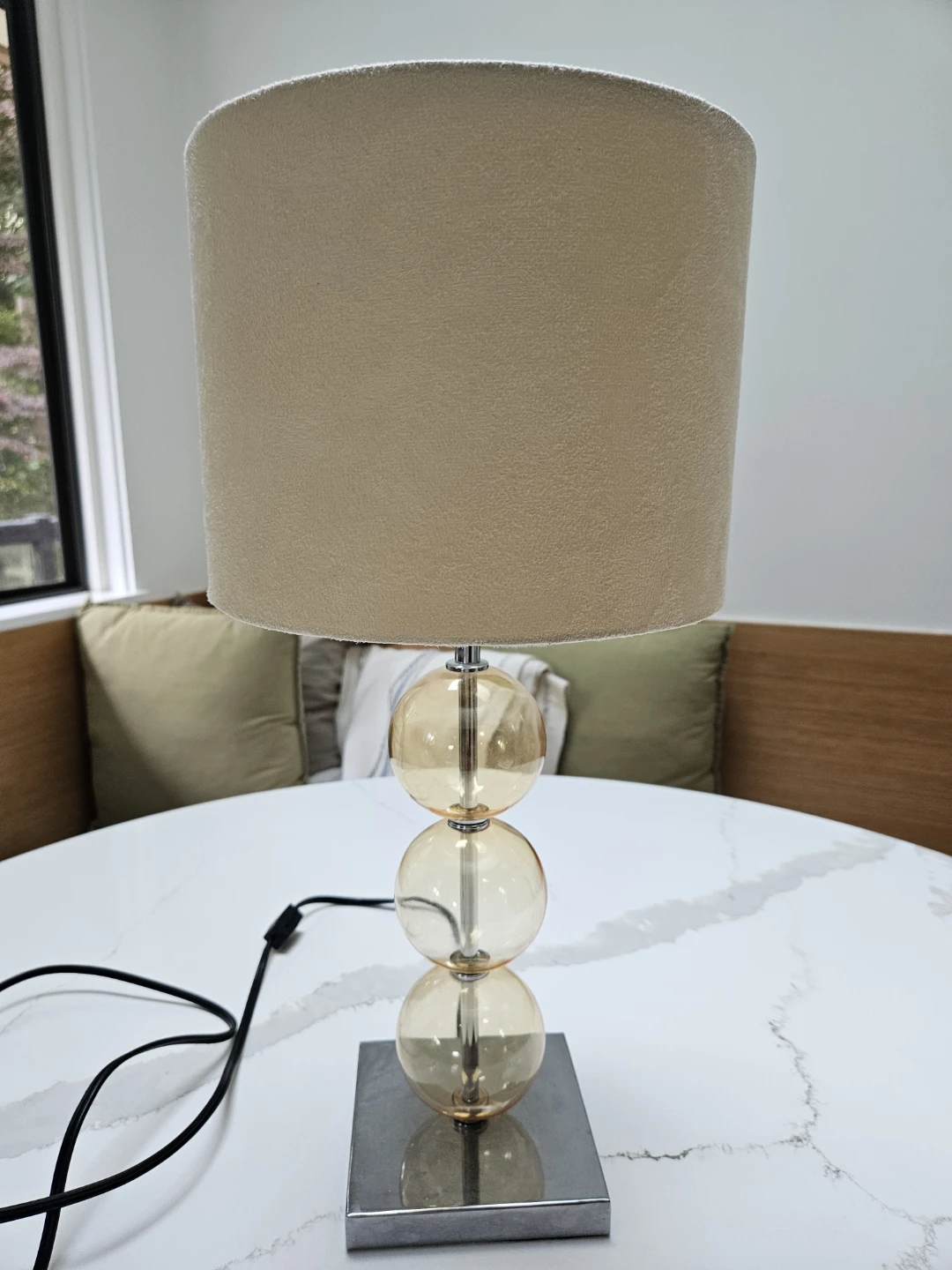 Amber Glass Ball Table Lamp with Tan Shade
