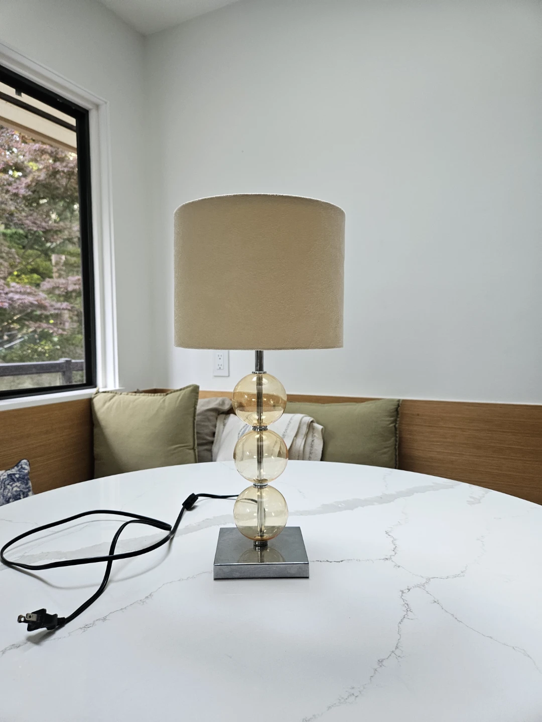 Amber Glass Ball Table Lamp with Tan Shade - photo 4