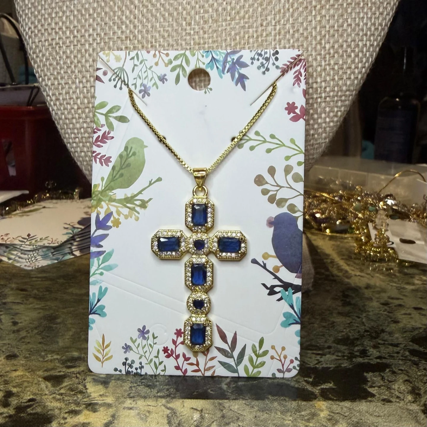Gold Tone Cross Pendant Necklace with Blue Stones - photo 2