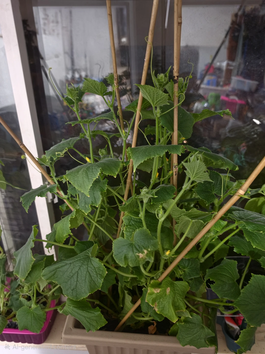 Cucumber Plant with Stakes