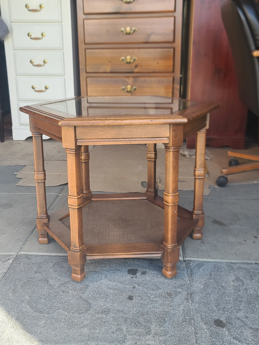 Hexagonal Wood Side Table with Glass Top - photo 2