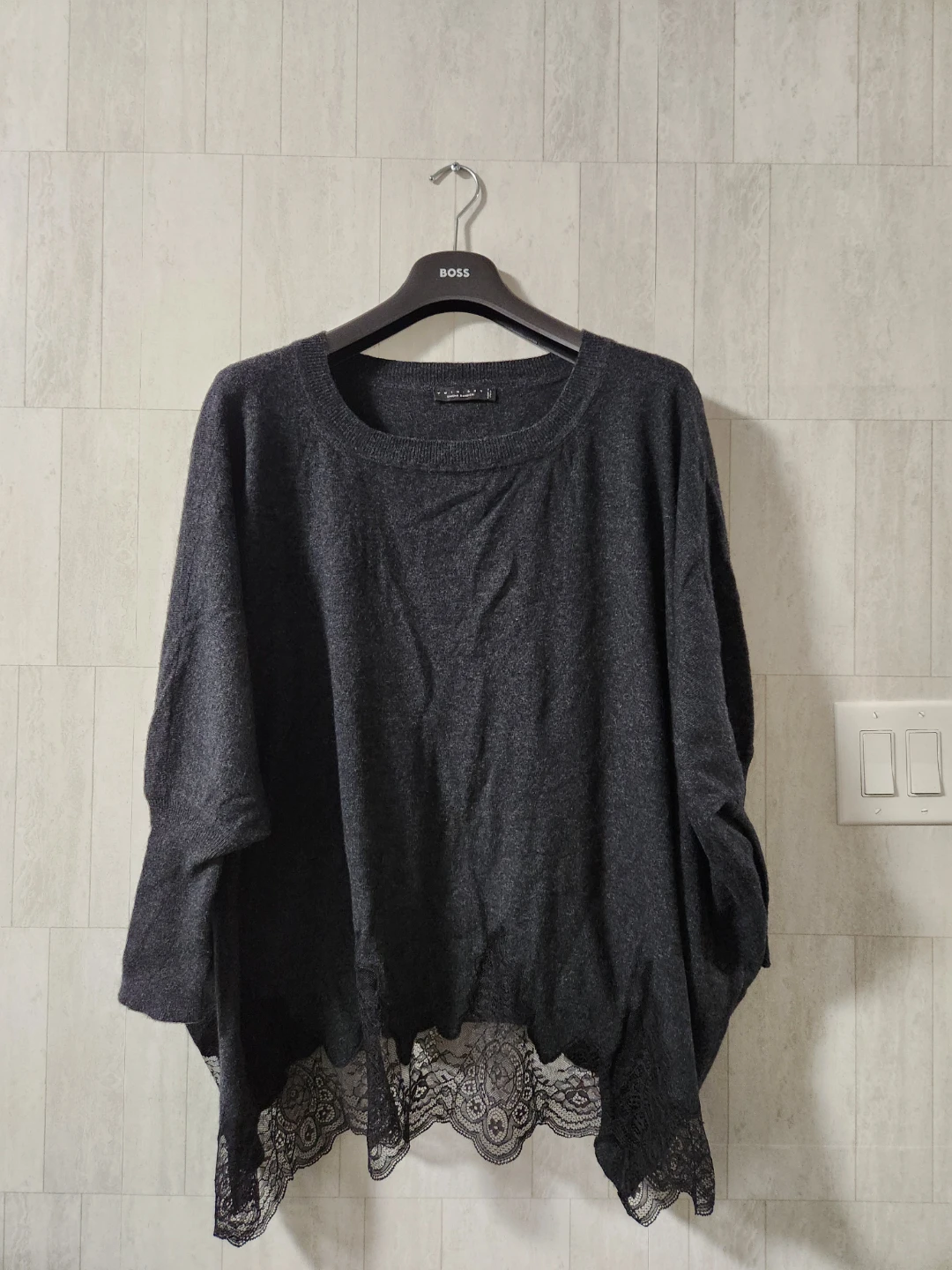 Dark Grey Sweater with Lace Hem