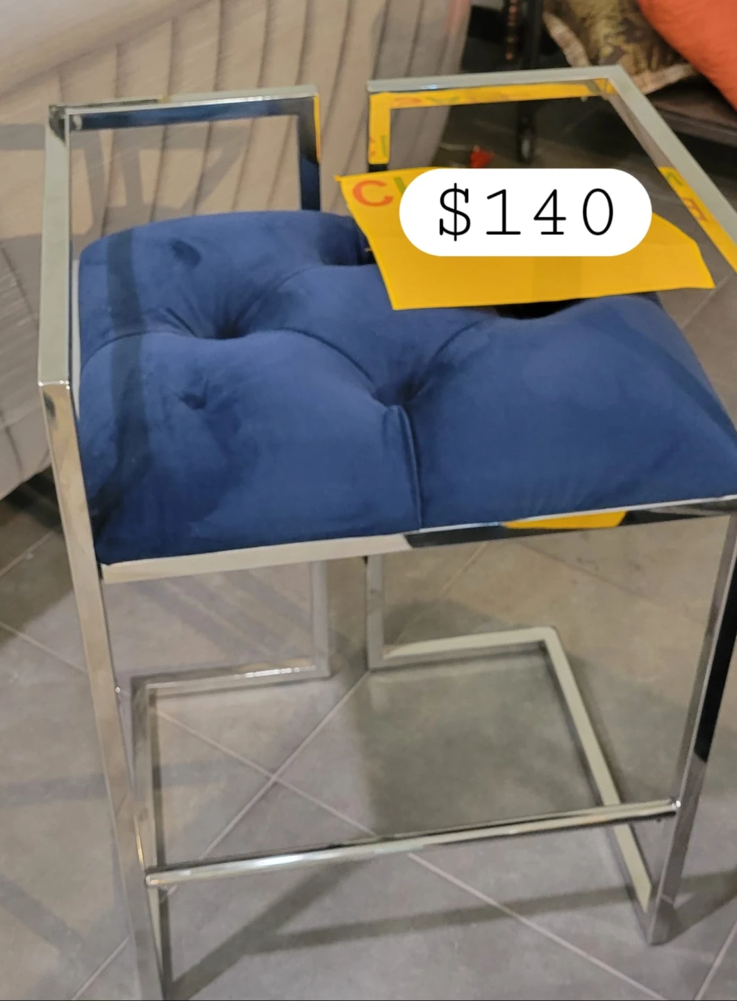 Blue Tufted Bar Stool with Chrome Frame
