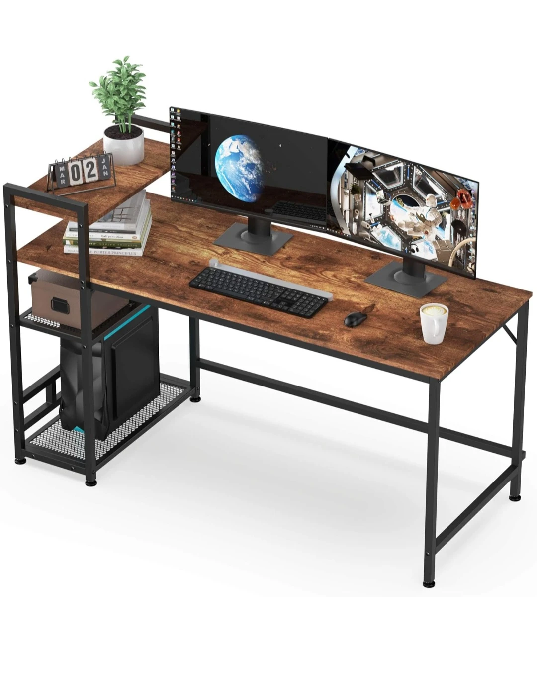 55" Rustic Brown Wood and Black Metal Desk with Shelving