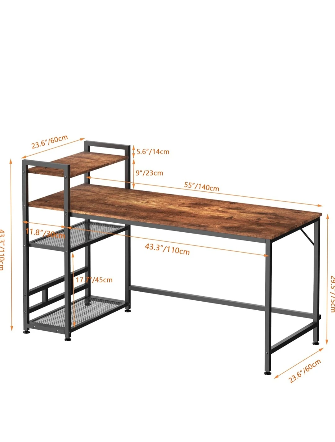 55" Rustic Brown Wood and Black Metal Desk with Shelving - photo 2