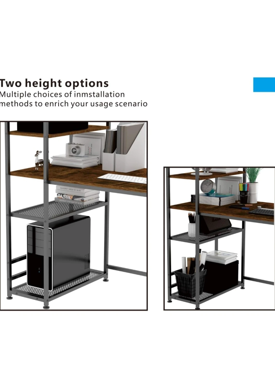 55" Rustic Brown Wood and Black Metal Desk with Shelving - photo 3