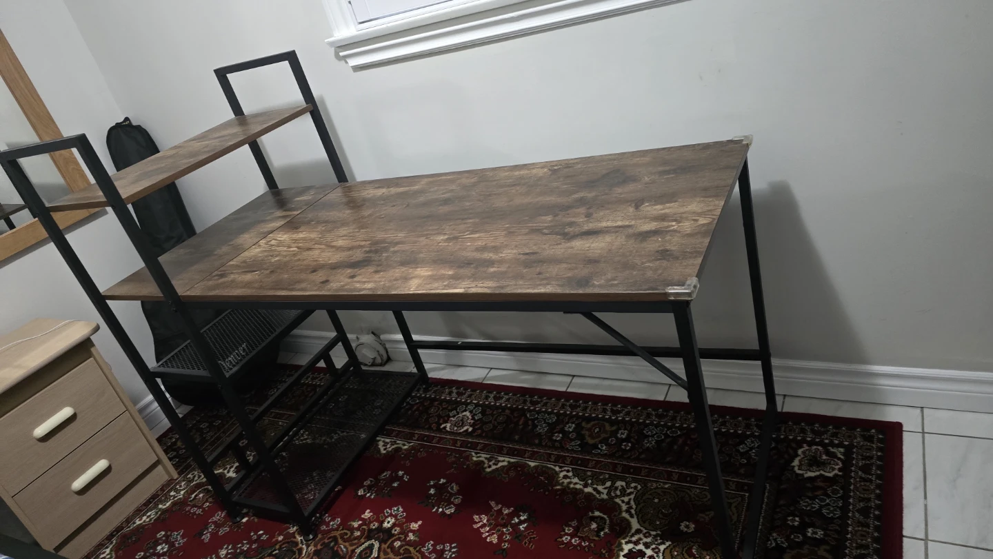 55" Rustic Brown Wood and Black Metal Desk with Shelving - photo 5