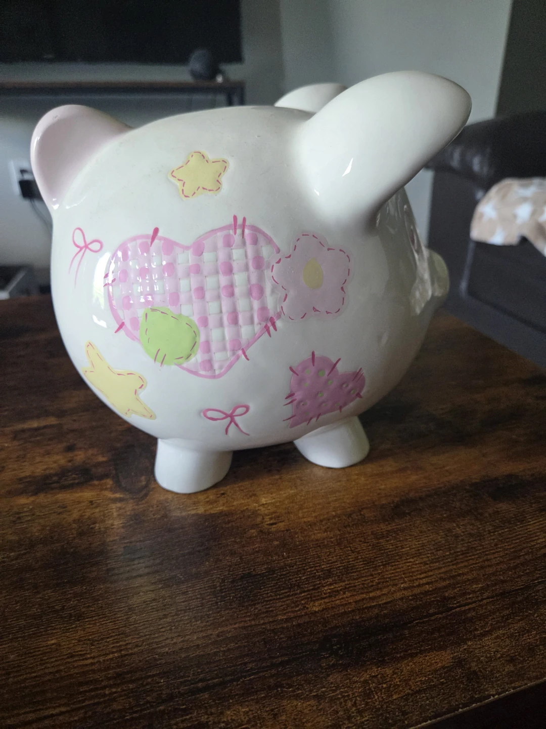White Ceramic Piggy Bank with Pink and Yellow Accents - photo 2